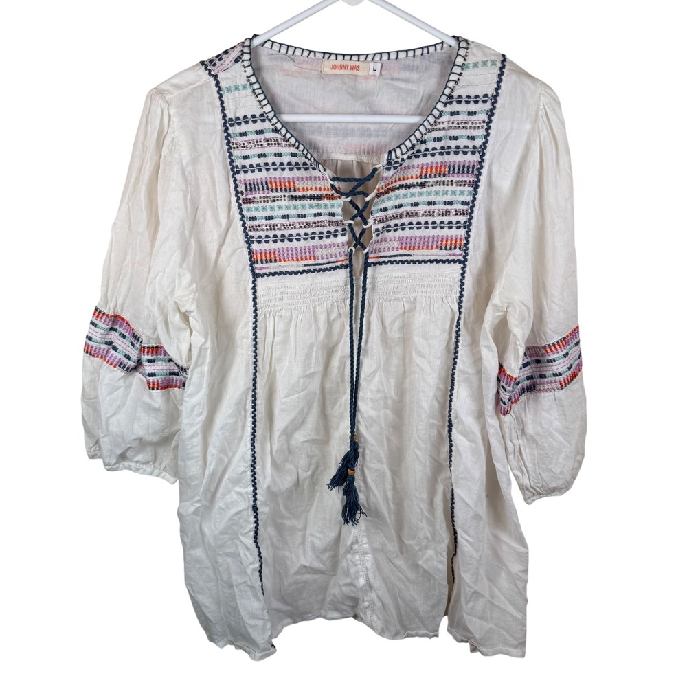 Johnny Was Peasant Blouse Womens L White Boho Embroidered Romantic Gypsy Luxe
